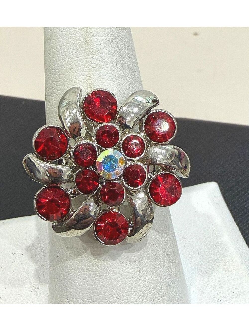 Adjustable Silver Tone Flower Ring with Red Rhinestones
